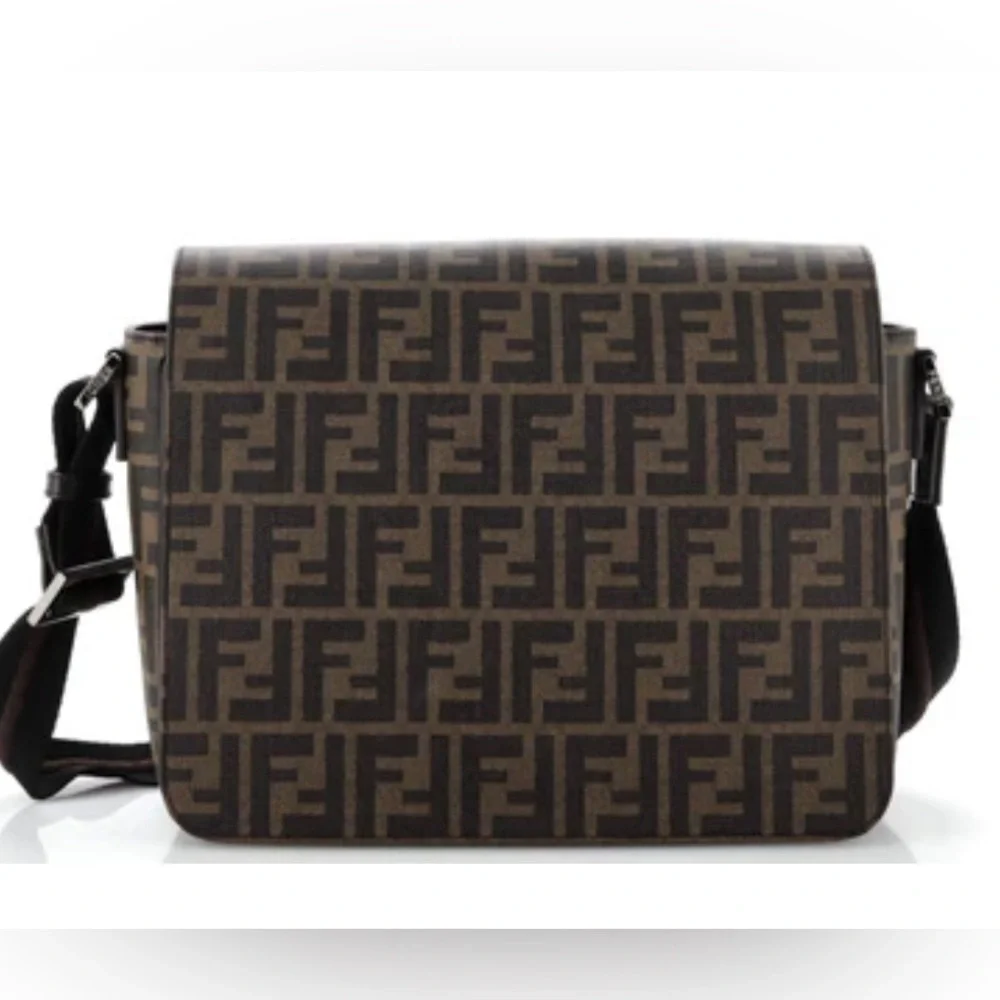 Fendi Mens Flap Messenger Bag Zucca Coated Canvas Medium